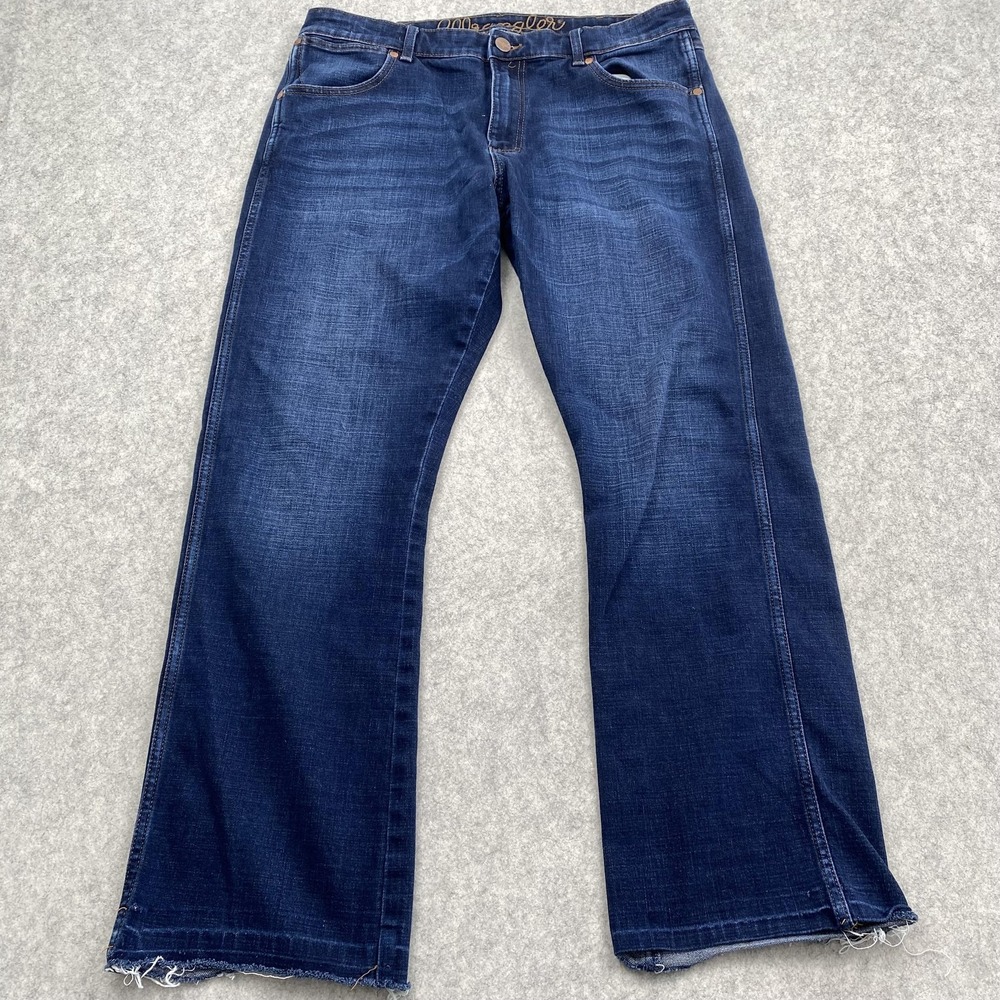 Wrangler Retro Mens 36x30 Blue Dark Bootcut Stretch Jeans 7MWZ4H Frayed Hem